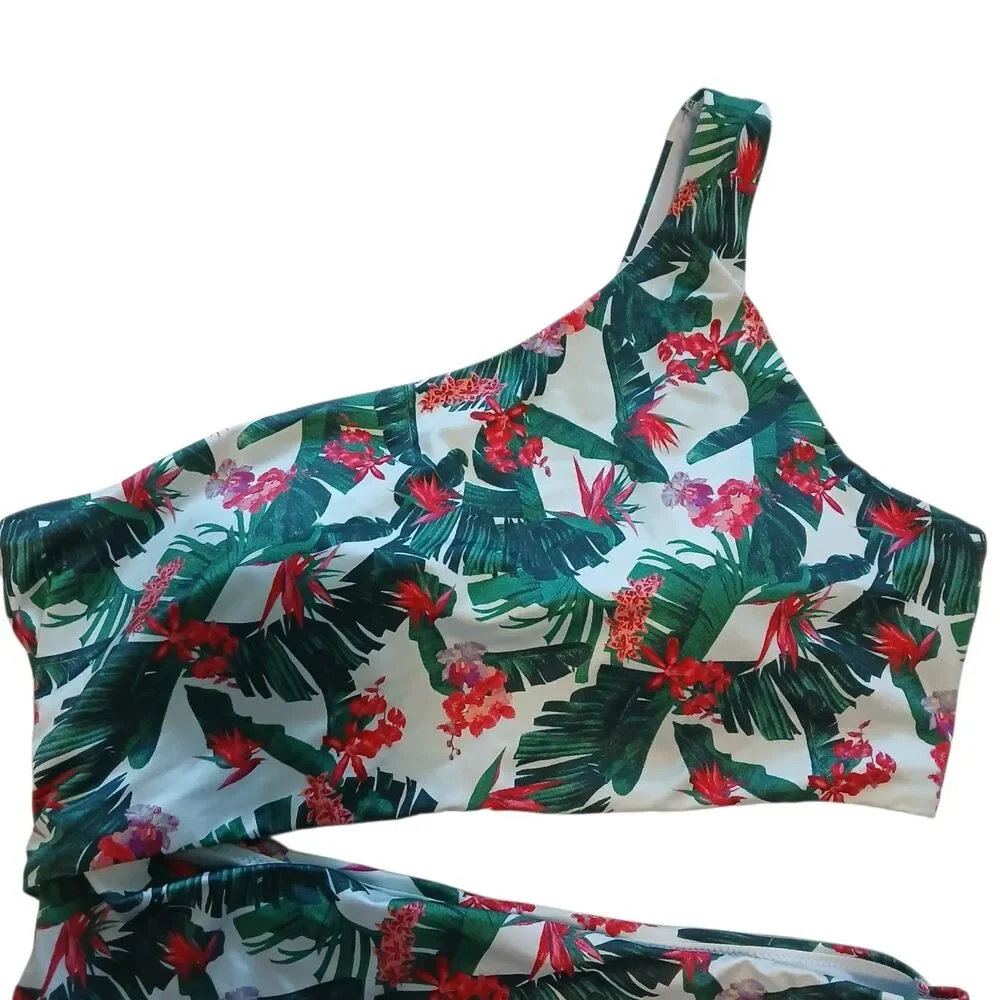 NWT XL Victoria's Secret Cut-out One-Piece Swimsuit Green Red Palm Tropical